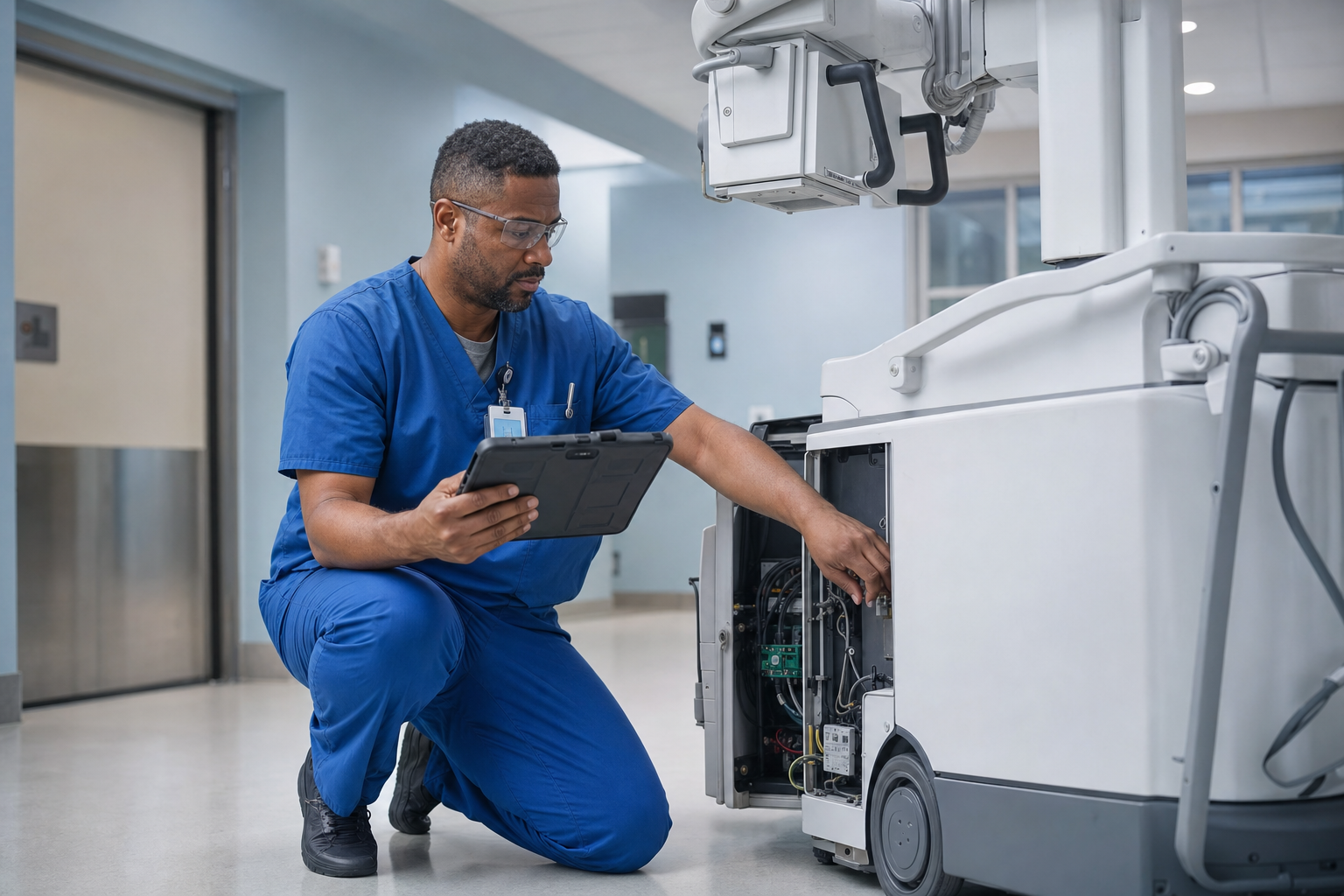 Biomedical Engineer Repairing Xray Machine in Hospital