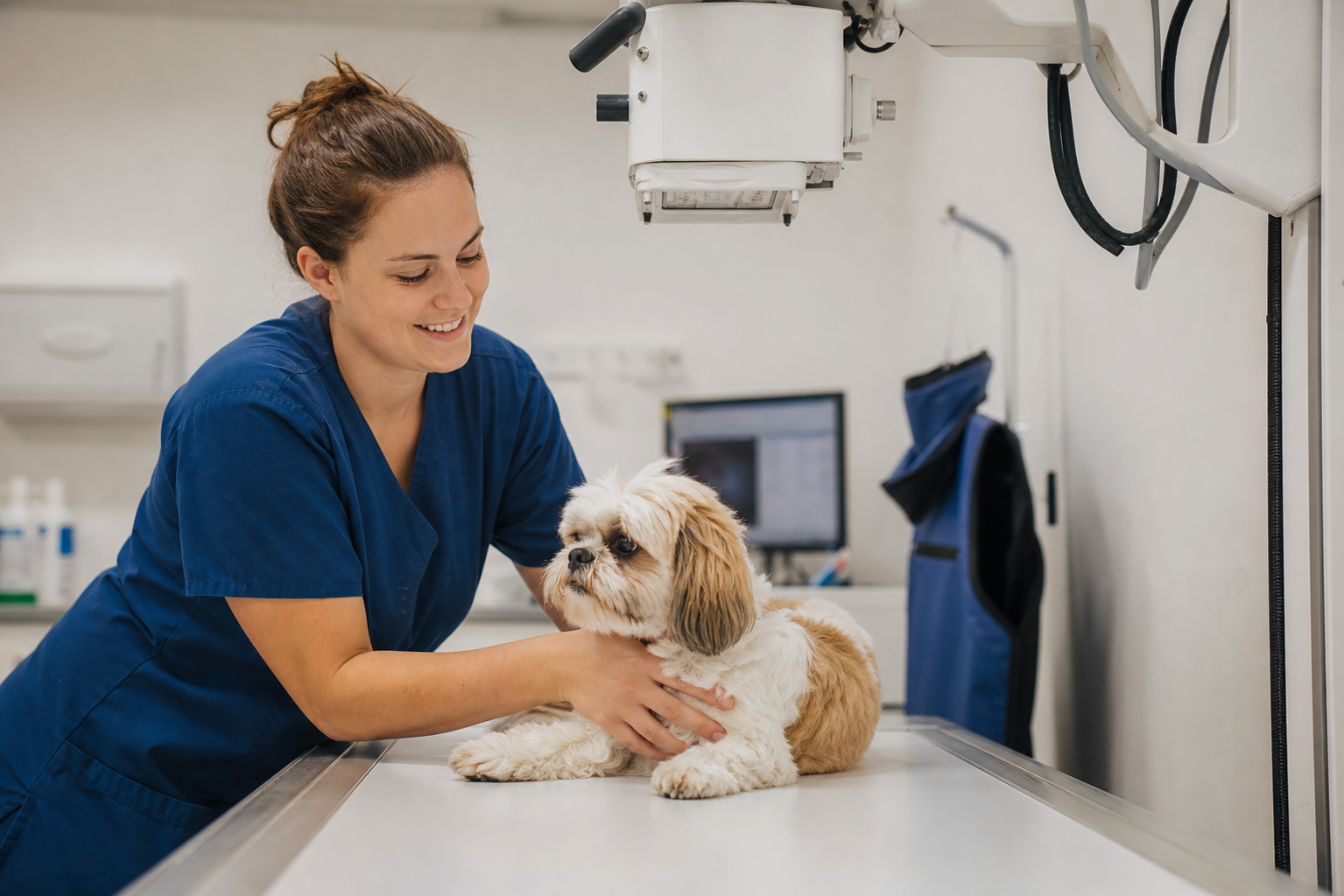 Small Dog Positioned for Xray by Vet Technician