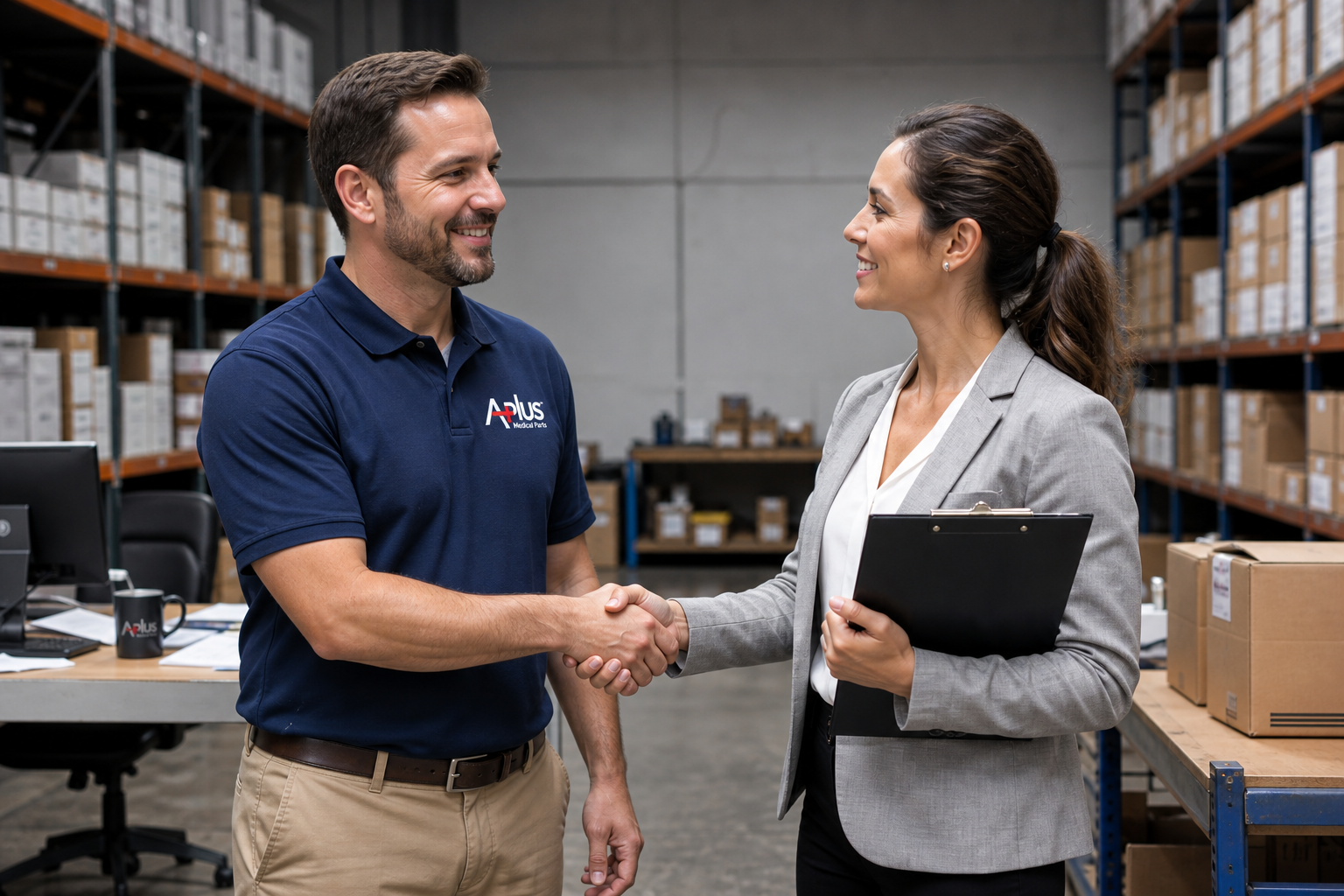 Man and Woman Shaking Hands in Warehouse-1