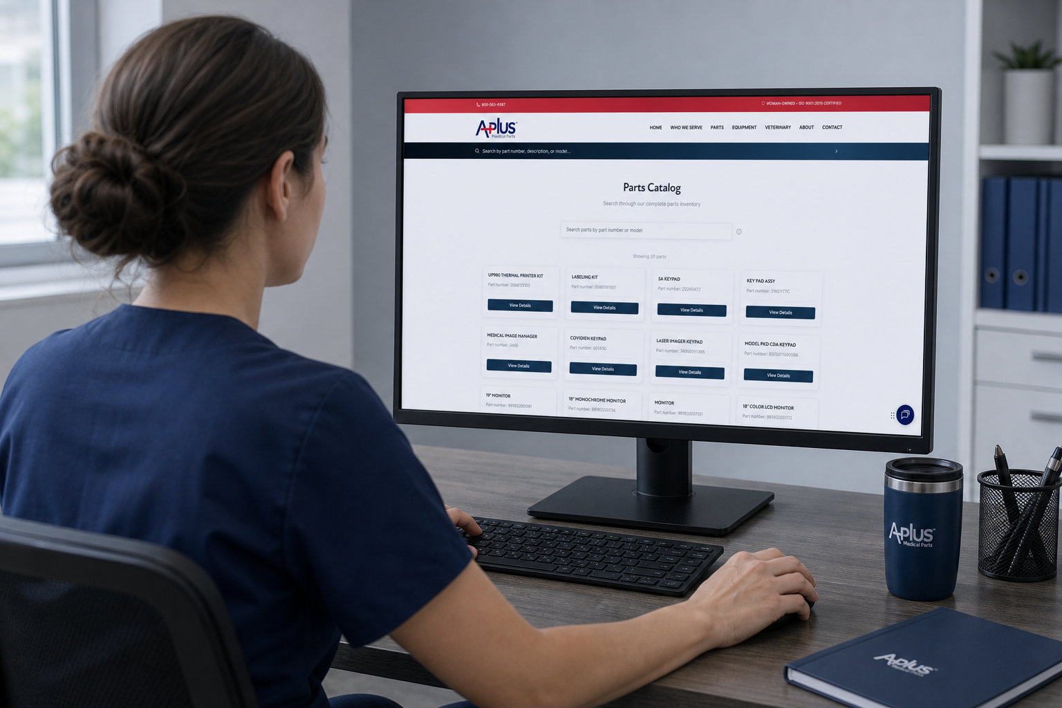 Office Worker in Navy Scrubs at Computer Screen